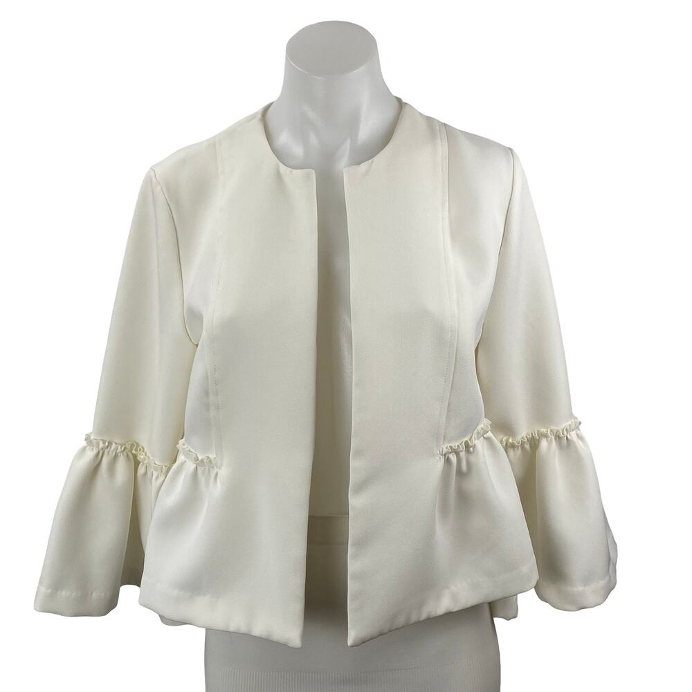 Akira Women's White Ruffle Bell Sleeve Round Neck Peplum Blazer Coat Jacket Sz M